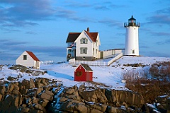 Snow Covered Nubble Lighthouse In Maine During Holidays